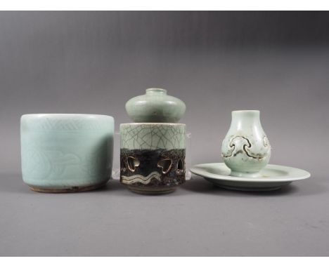 Two Chinese celadon brush pots, a celadon glazed squat vase and a celadon glazed incense standCondition:Squat vase has a smal