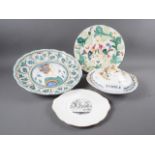 A Dresden design entree dish and cover with bird decoration, two similar plates, two majolica