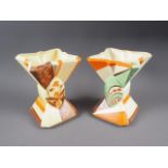 Two 1930s Myott "Bowtie" vases with Art decoration, 789318 & 9747, 8" high (one with flower holder)