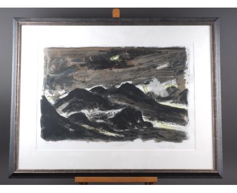 Kyffin Williams: a signed limited edition screen print, "Abstract Landscape" mountain scene, 4/150, in painted frame