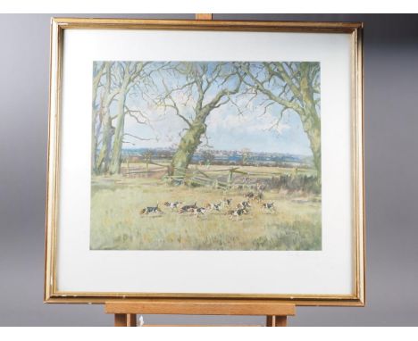 Peter Biegel, a pair of signed colour prints, hunting scenes, in gilt frame