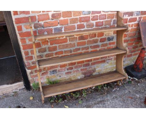 A late 19th century waxed pine and ash three-tier open wall shelf, 41 1/2" wide x 9 1/2" deep x 40" high