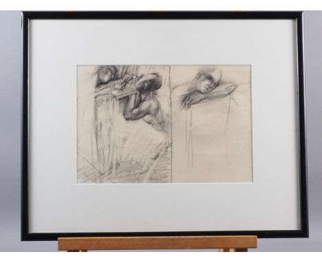Mick Rooney: pencil, "The Gift", 7 1/2" x 11 1/2", Cleveland Bridge Gallery label verso, in ebonised frame, and&nbsp;after Gi