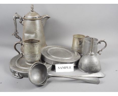 Three 19th century pewter hot plates, four pewter tankards, a pewter ladle and other pewter items
