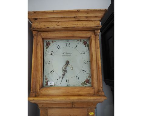 A late 19th century waxed pine longcase clock with thirty-hour movement by W Stevens Cirencester, 79" high