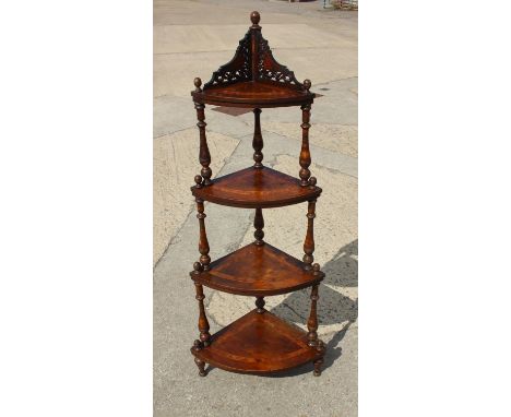 A 19th century walnut and burr maple banded bowfront corner whatnot, on turned supports, 24" wide x 17" deep x 59" highCondit