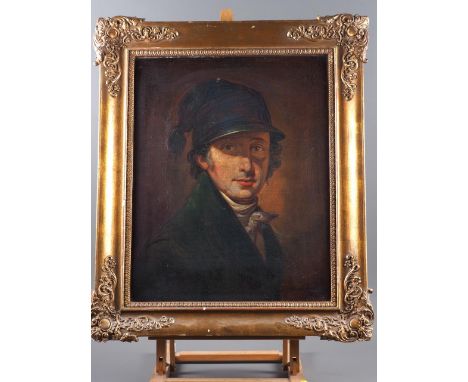 Ruger? 1922: an oil on canvas, portrait of a militia man in green jacket, 20" x 15 1/2", in gilt frame