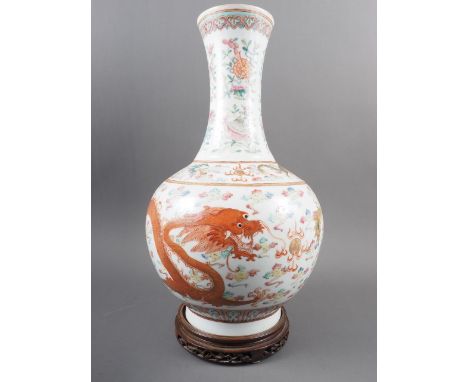A Chinese polychrome bulbous vase with Imperial five-toed dragon decoration and six-character mark, 15" high (small rim fault