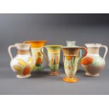 Three 1930s Myott trumpet jugs, a rag top jug and two classic jugs