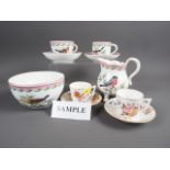 A Meissen part tea and coffee service with central bird decoration and pink borders (damages), and a