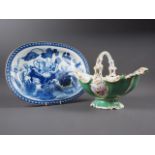 A 19th century blue and white Wedgwood “Waterlily” pattern platter, 16 1/4" wide, and an English