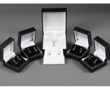 A 9ct gold pendant, set opals, citrines and diamonds, a pair of similar drop ear studs, a pair of sapphire drop ear studs, a 