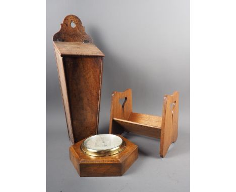 A Georgian mahogany spill holder with hinged lid, 20" high, an Art Nouveau oak open book trough, 8 1/2" wide, and an aneroid 