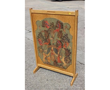 An oak fire screen with decoupage panel, lady and unicorn, 29 1/2" x wide x 43" high