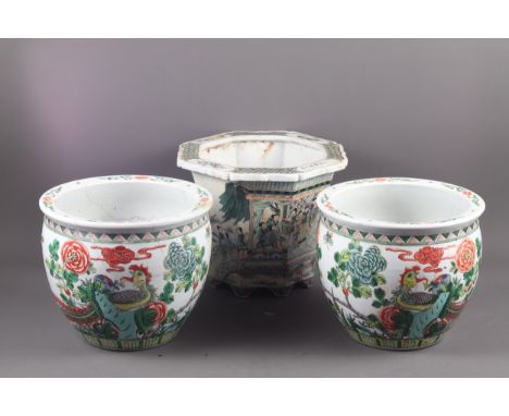 A Chinese porcelain octagonal planter, decorated figures, 9" high, and a pair of Chinese planters, decorated birds and flower