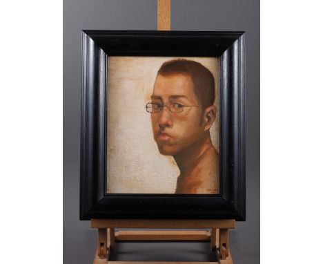 Christian Seno: oil on canvas, self-portrait, 11 1/2" x 9 1/4", in ebonised frame