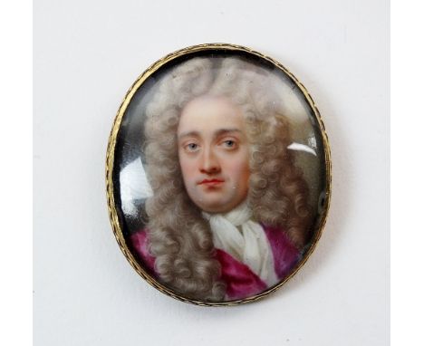 An 18th century oval portrait miniature, the enamel in the style of Christian Friedrich Zincke, depicting a gentleman wearing
