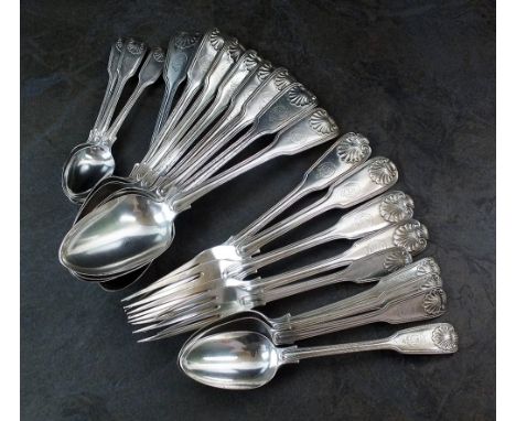 A part set of Fiddle, Thread and Shell pattern silver flatware, George Adams for Chawner & Co, London 1842, 1844 and 1847, co