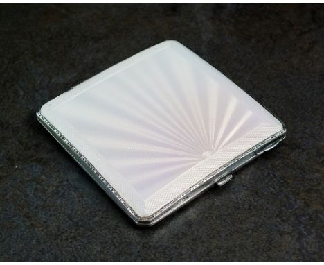 An Art Deco silver and guilloche enamel compact, Crisford & Norris Ltd, Birmingham 1937, of square form with graduating pink-