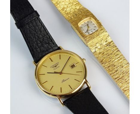 A Gentleman's gold plated Longines quartz wristwatch, the circular champagne dial with batons and date aperture 'Presence', w