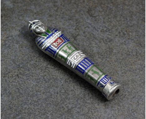 A white metal and enamel stylised Egyptian coffin retractable pencil, not stamped, 5.5cm high