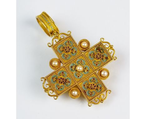 A late 19th century Etruscan revival enamel and seed pearl brooch/pendant, designed as a central split seed pearl collet set 
