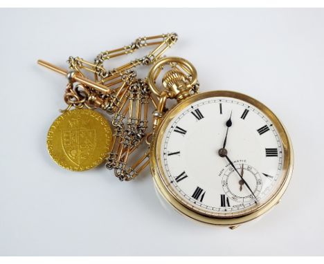 A gentleman's 9ct gold open face pocket watch, the white enamel dial with black Roman numerals and subsidiary seconds dial, t