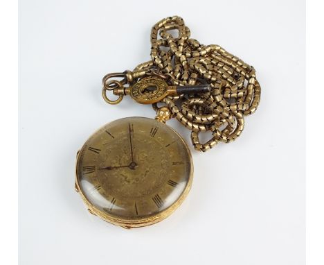 A lady's yellow metal decorative fob watch, the champagne dial with Roman numerals, the gilt movement signed 'Loveridge & Son