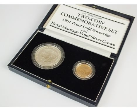 A Royal Mint two-coin commemorative set, 1981 proof gold sovereign and Royal marriage proof silver crown, within capsules and