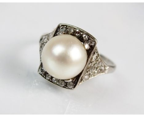 An Art Deco cultured pearl and diamond dress ring, designed as a central single cultured pearl set to old cut diamond rectang
