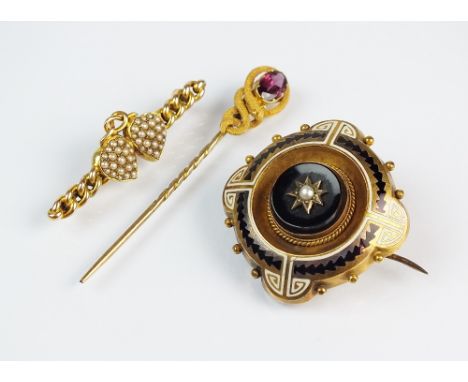 An entwined heart seed pearl set bar brooch, together with an almandine garnet set stylised serpent stick pin and an enamel a