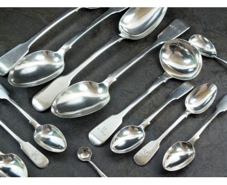 Two pairs of silver Fiddle pattern tablespoons, together with six silver Fiddle pattern teaspoons, a silver sauce ladle, a sa