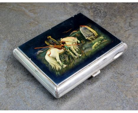 A Russian white metal cigarette case, of rectangular form, the cover with printed and lacquered scene depicting a figure on a