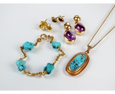 A turquoise bead bracelet, the bolt ring clasp stamped '750', together with a turquoise pendant and three pairs of earrings (