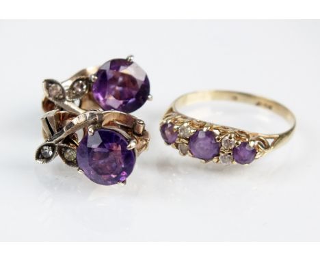 A pair of amethyst set clip earrings, together with a 9ct gold amethyst and white stone set dress ring, size K 1/2, total wei