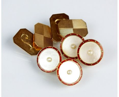 A pair of 9ct gold cufflinks, together with a pair of mother of pearl and enamel cufflinks, the reverse stamped '18', total w