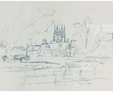 Edward Seago RBA ARWS RWS (1910-1974)
Sketch of a Village Church and Surrounding Buildings
ink on paper
21 x 26cm
Provenance: