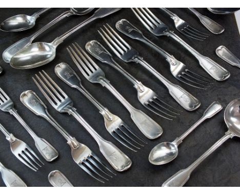 A harlequin set of Fiddle and Thread pattern silver flatware, various makers and dates, comprising; nine dessert forks, thirt