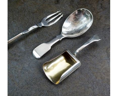 A George III silver caddy scoop, Samuel Pemberton, Birmingham 1810, with engraved initials to terminal, together with a Victo