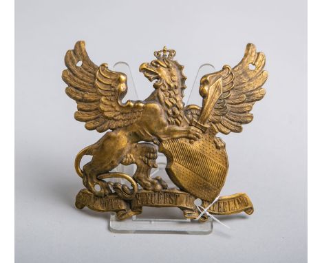 Helmzier (Baden), Beschlag für eine Pickelhaube, bez.: "Mit Gott F. Fuerst U. Vaterland",ca. 13 x 11 cm.