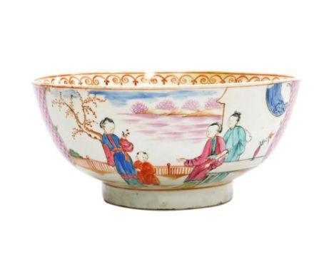 An 18th/19thC Chinese porcelain bowl, decorated with reserves of figures and flowers, against a pink scale ground, unmarked, 