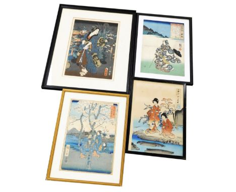 Three Japanese wood block prints, The Sumida River Embankment in Edo, from the series Thirty-six Views of Mount Fuji by Utaga