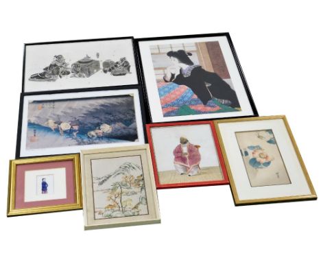 A Chinese miniature painting on rice paper and others, including an Indian School painting of a seated gentleman, monochrome 