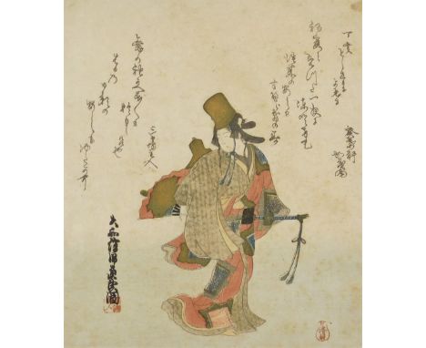A 19thC Japanese wood block print by Oishi Matora (1794-1833), depicting a Shirabyoshi dancer, 21cm x 18cm.