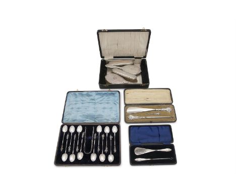 A MISCELLANEOUS LOT OF SILVER, comprising a cased set of twelve white metal 'apostle' teaspoons, together with a sugar tongs;