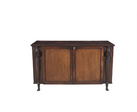 A SUITE OF 19TH CENTURY MAHOGANY CUPBOARDS/OPEN BOOKCASES, comprising a large twin door side cabinet. 139.5cm wide; a similar