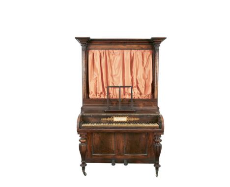 A RARE VICTORIAN ROSEWOOD CASED CABINET PIANO by Thomas Tomkison, London, c.1830, of upright form with architectural pediment