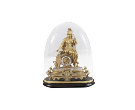 A FRENCH GILT METAL FIGURAL MANTLE CLOCK, 19th century, modelled with a seated centurion on a classical pillar, housing a par