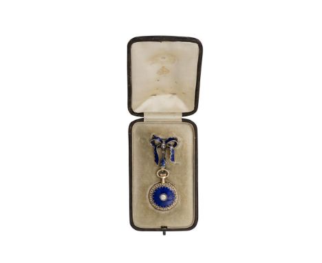 A LADY'S 19TH CENTURY GOLD, ENAMEL, SEED PEARL AND DIAMOND OPEN FACE POCKET WATCH, the guilloché enamelled back centred with 