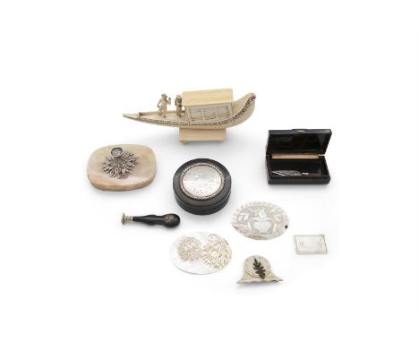 A COLLECTION OF OBJETS DE VERTU, including an onyx mounted silver seal with intaglio top; a silver mounted circular snuff box